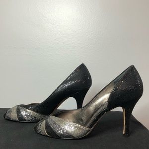 Nina Black Silver Sparkly Open Toe Heels Size 9M